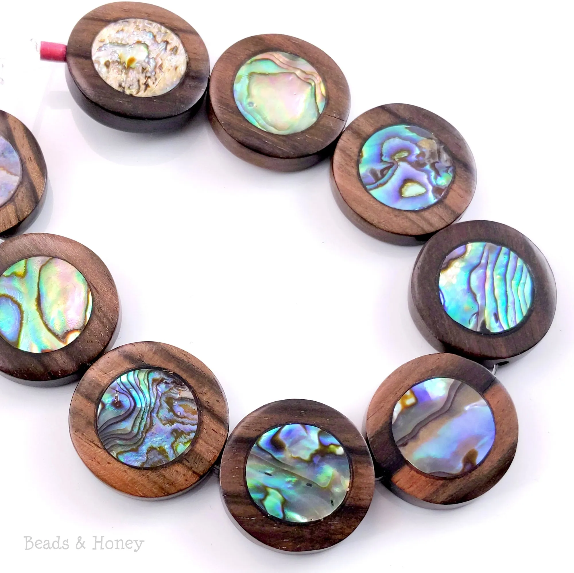 Ebony Wood with Abalone Shell Flat Coin 23mm (8-Inch Strand)