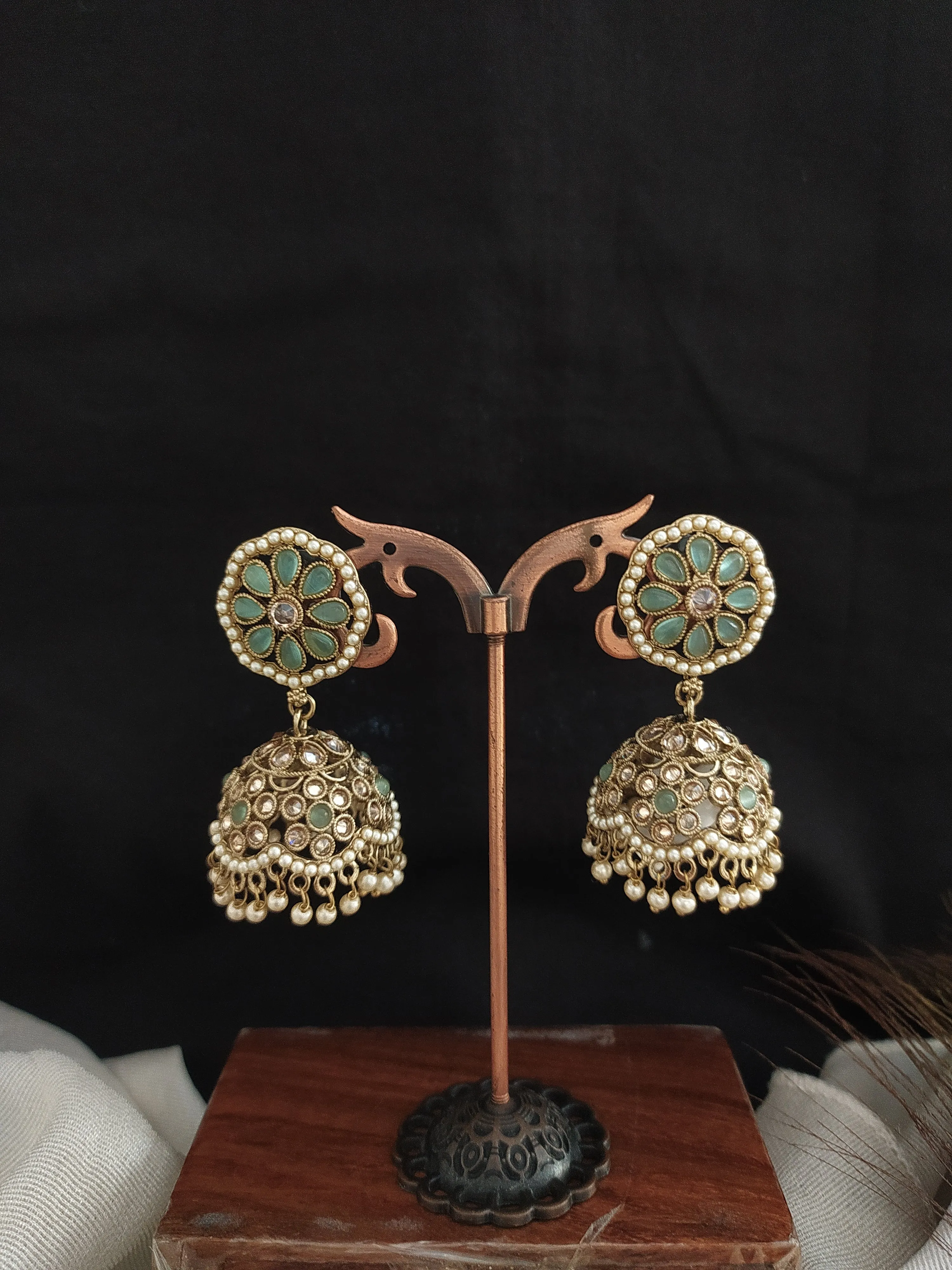 Floral Design Kundan Jhumki in Mehendi Finish