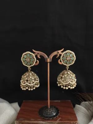 Floral Design Kundan Jhumki in Mehendi Finish