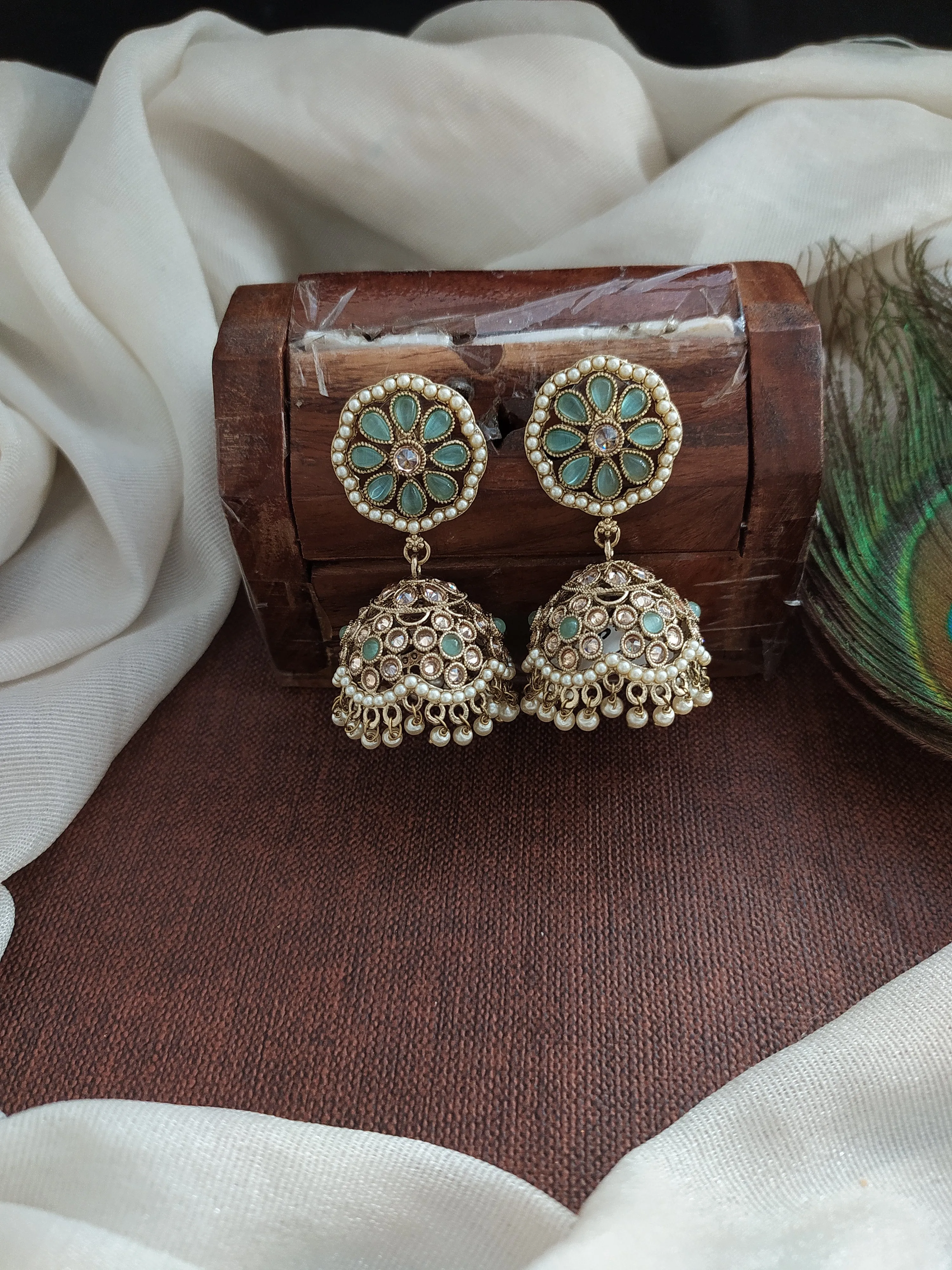 Floral Design Kundan Jhumki in Mehendi Finish