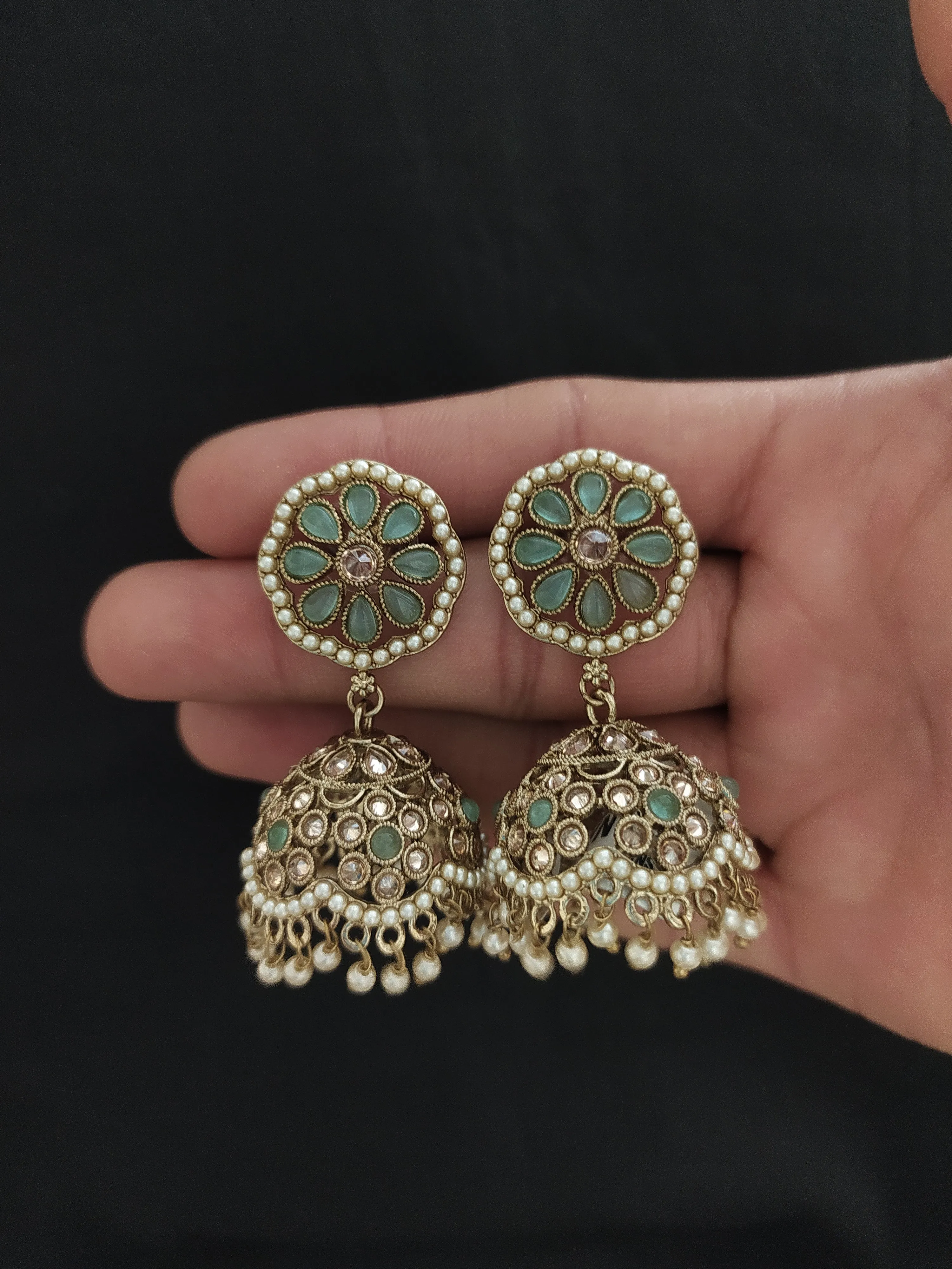 Floral Design Kundan Jhumki in Mehendi Finish