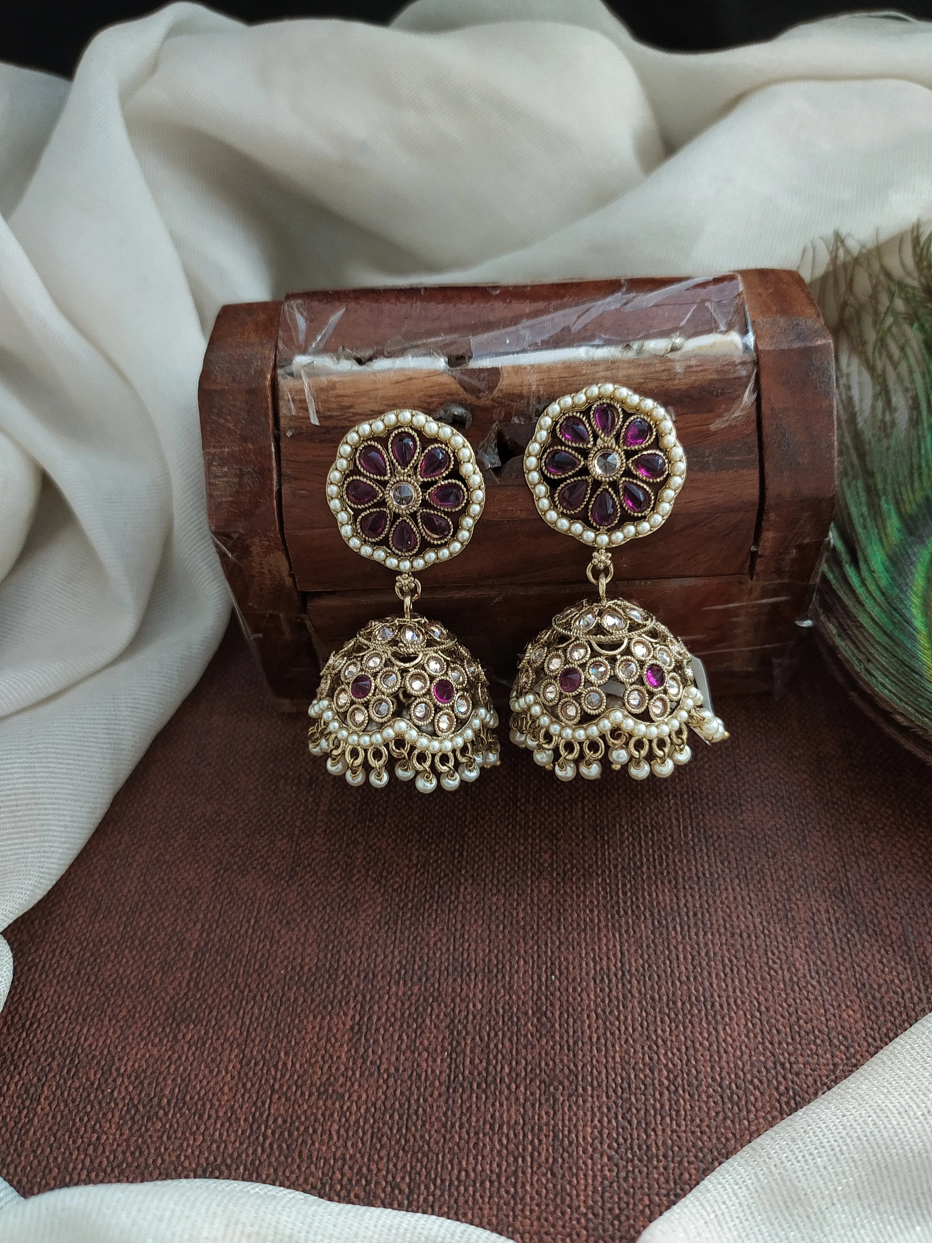 Floral Design Kundan Jhumki in Mehendi Finish