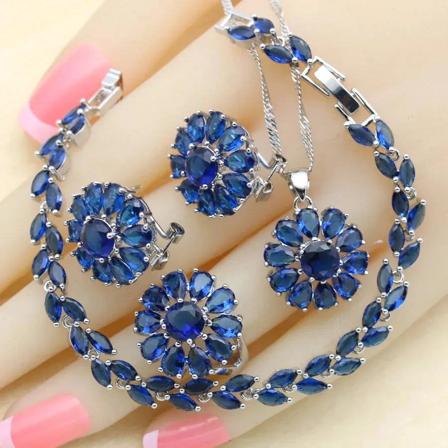 Flower Design Blue Zirconia 925 Silver Jewelry Sets for Women