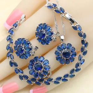 Flower Design Blue Zirconia 925 Silver Jewelry Sets for Women