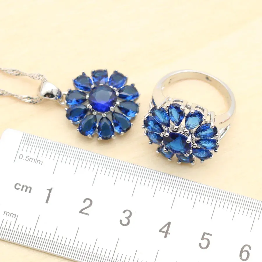 Flower Design Blue Zirconia 925 Silver Jewelry Sets for Women