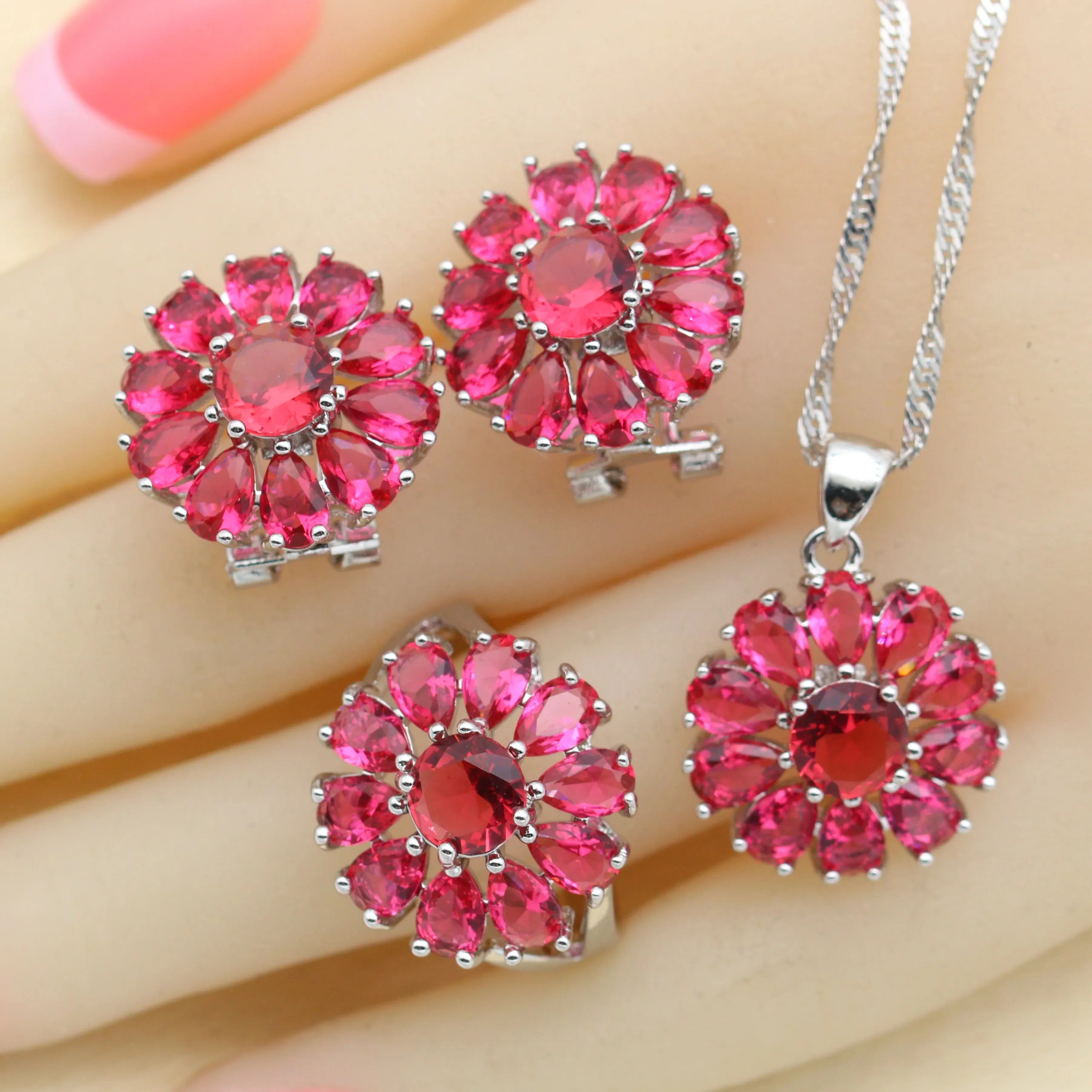 Flower Design Blue Zirconia 925 Silver Jewelry Sets for Women