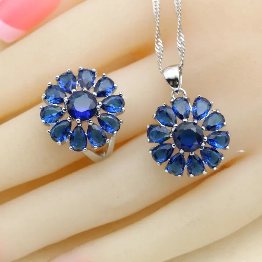 Flower Design Blue Zirconia 925 Silver Jewelry Sets for Women