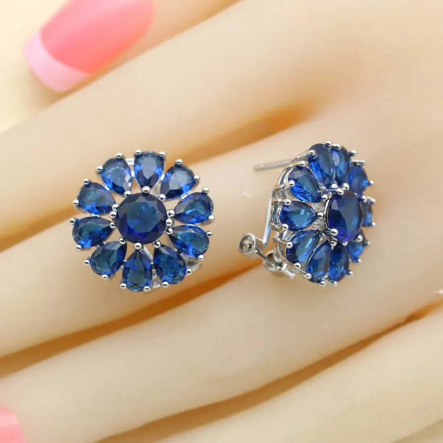 Flower Design Blue Zirconia 925 Silver Jewelry Sets for Women