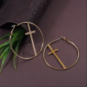 Gold Plated Inlaid Cross Hoops Earring