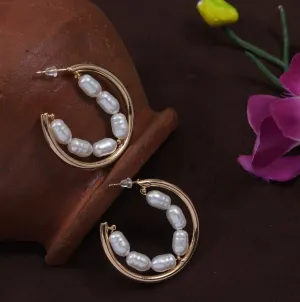 Gold Plated Inlaid Pearl Hoops Earring
