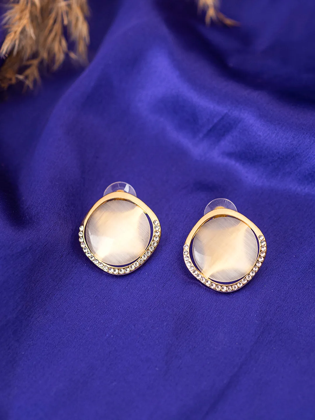 Gold-Plated Stud Earrings with White Crystal Stones