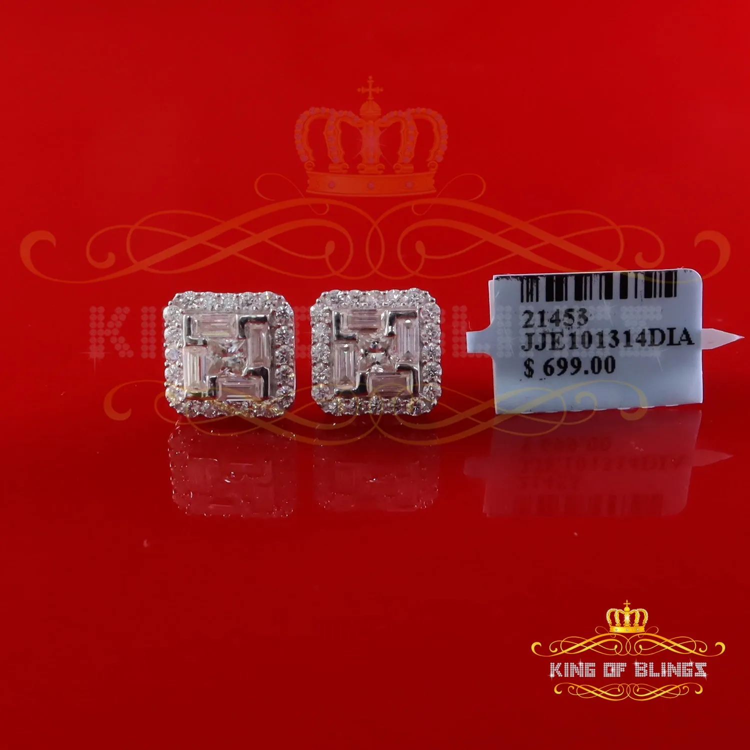 King of Bling's New Men's White 925 Silver 1.66ct VVS D Moissanite Square Stud Women's Earring