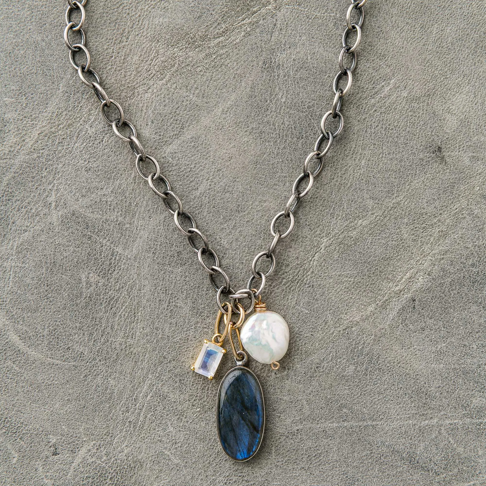 Labradorite Necklace with Coin Pearl & Moonstone