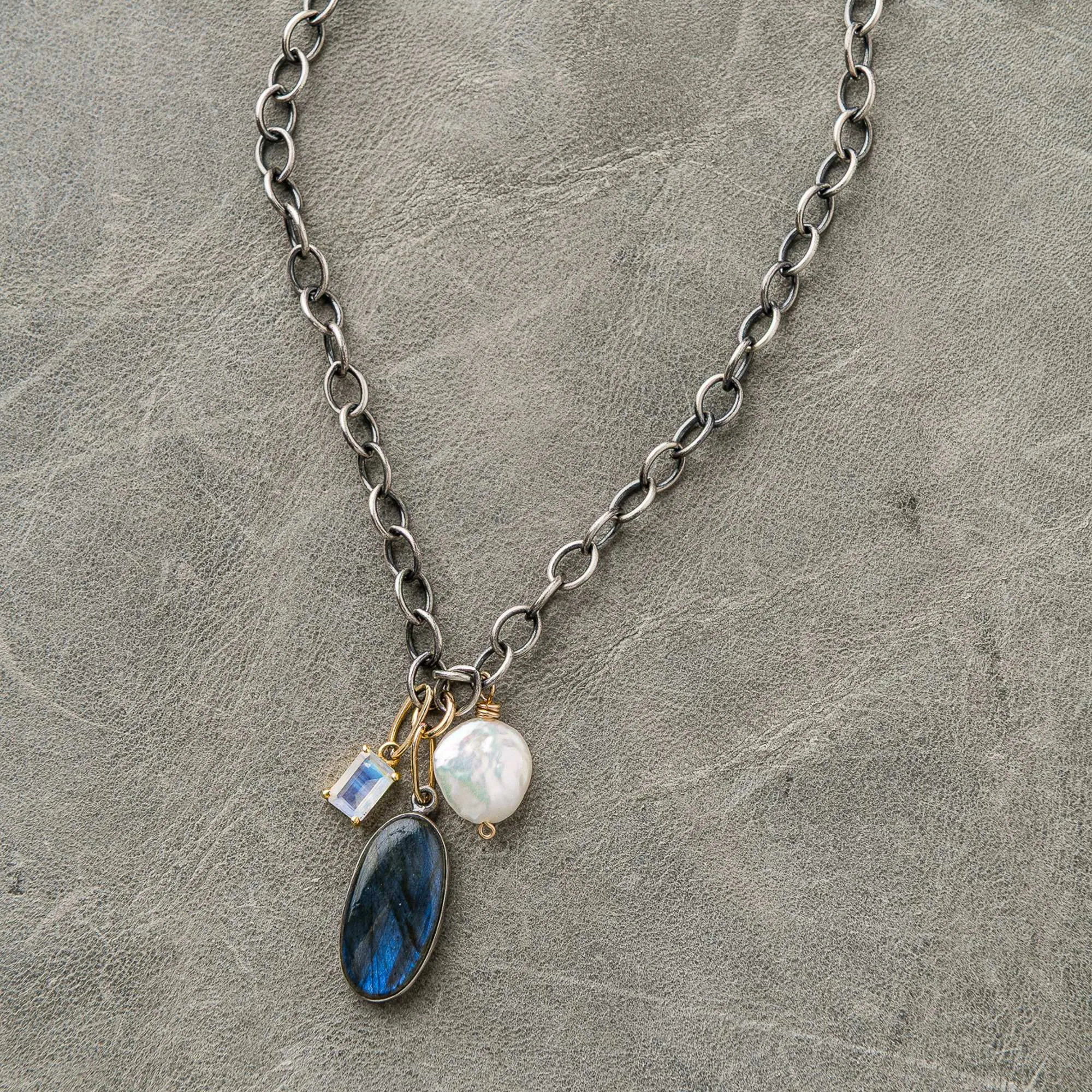 Labradorite Necklace with Coin Pearl & Moonstone