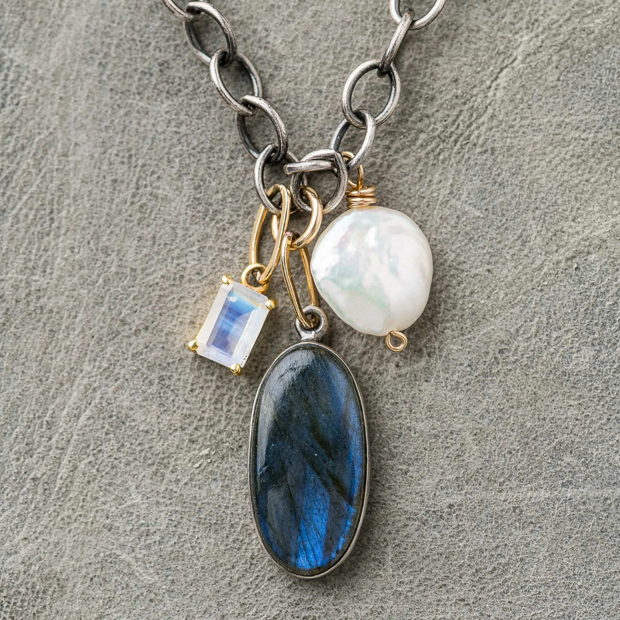 Labradorite Necklace with Coin Pearl & Moonstone