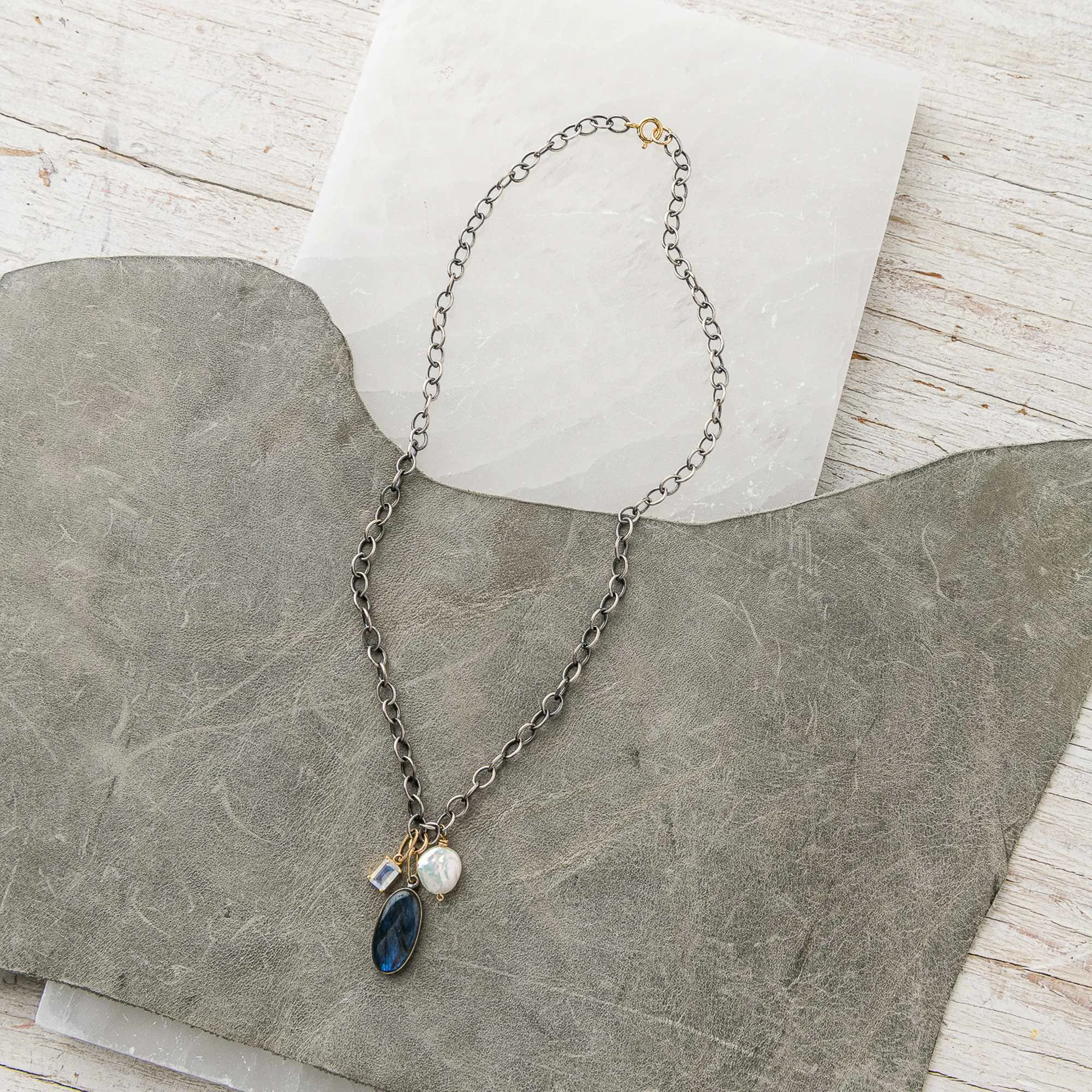 Labradorite Necklace with Coin Pearl & Moonstone