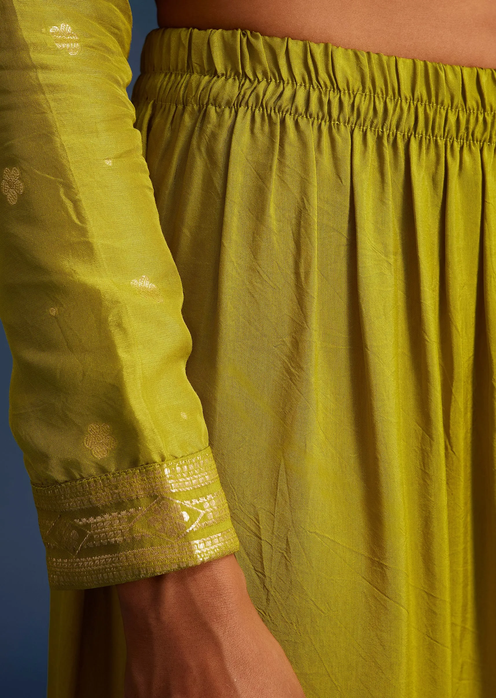 Mehendi Green Jacquard Anarkali Set With Banarasi Silk Dupatta