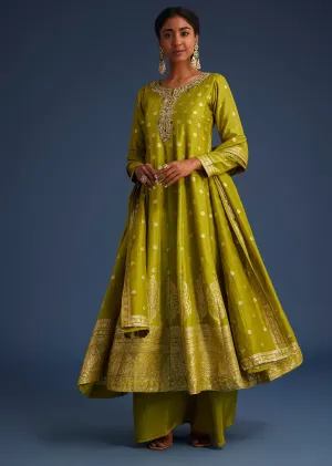 Mehendi Green Jacquard Anarkali Set With Banarasi Silk Dupatta