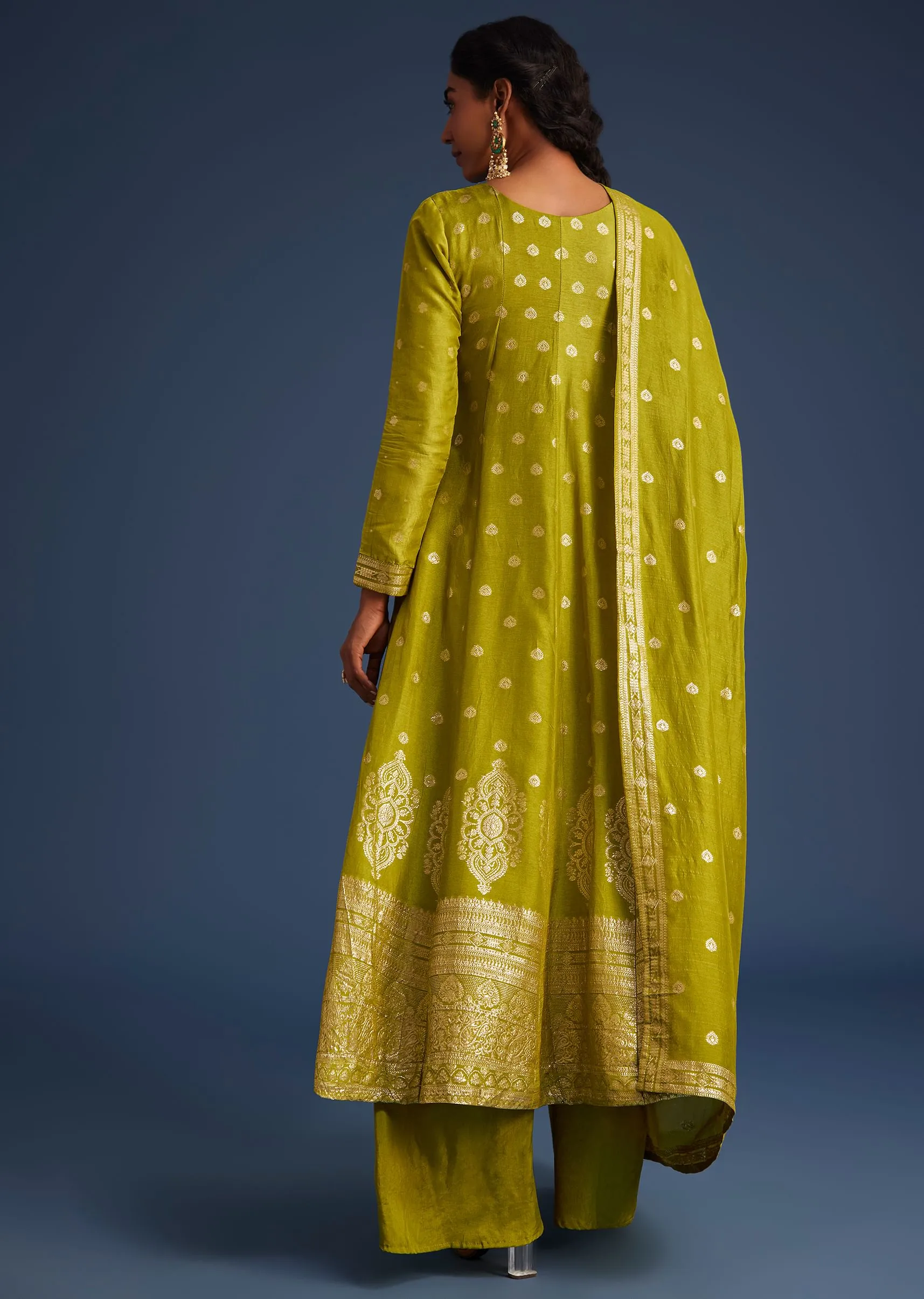 Mehendi Green Jacquard Anarkali Set With Banarasi Silk Dupatta