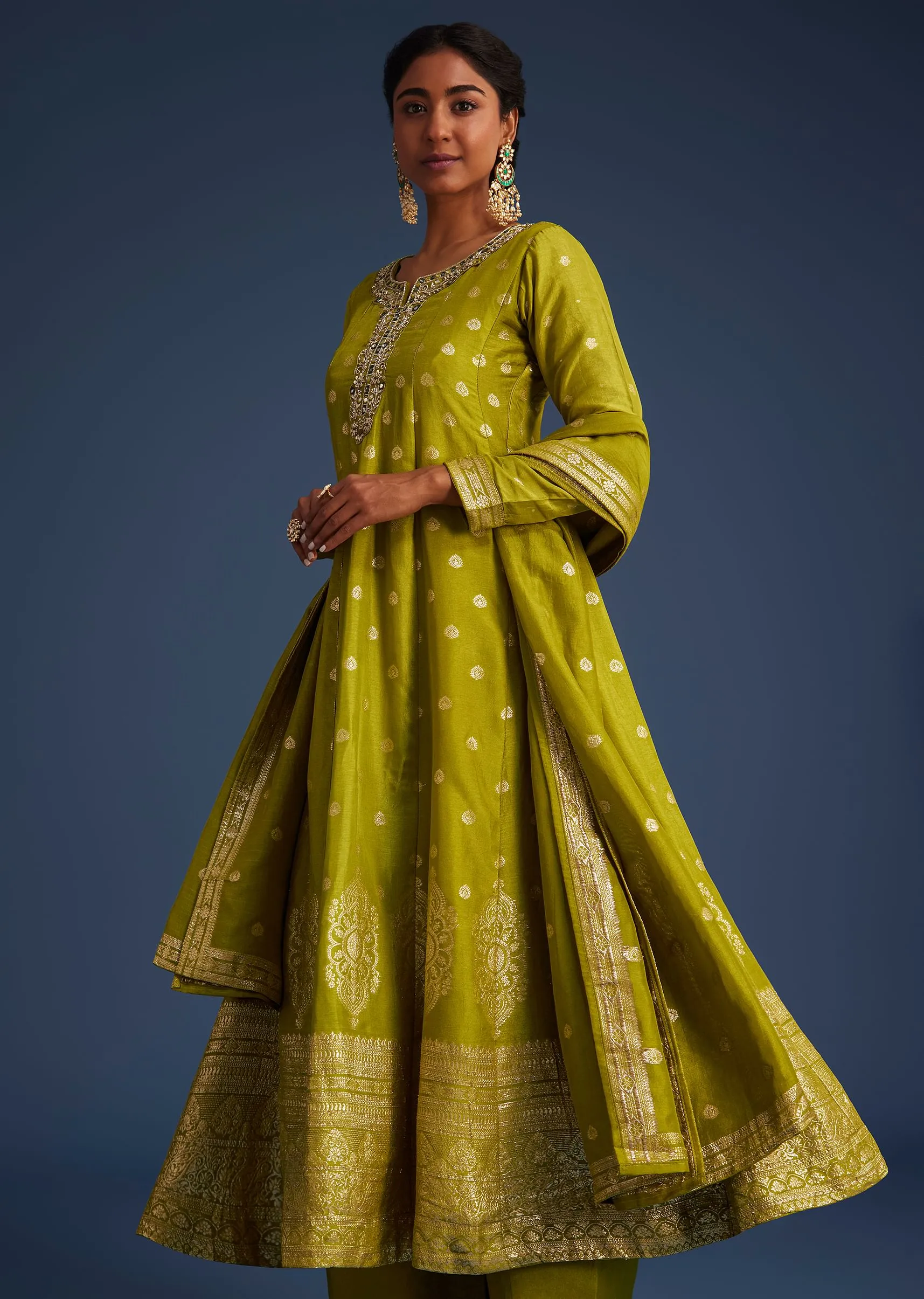 Mehendi Green Jacquard Anarkali Set With Banarasi Silk Dupatta