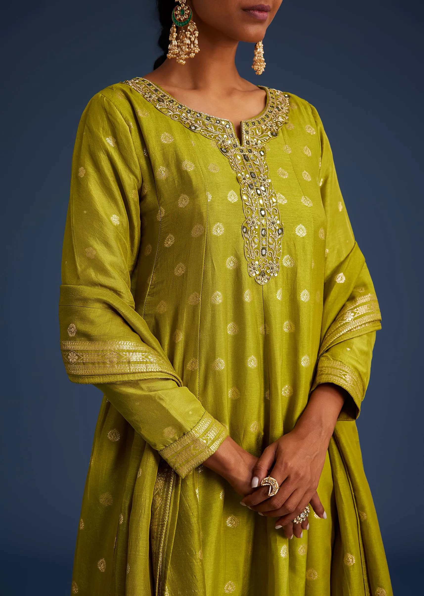 Mehendi Green Jacquard Anarkali Set With Banarasi Silk Dupatta