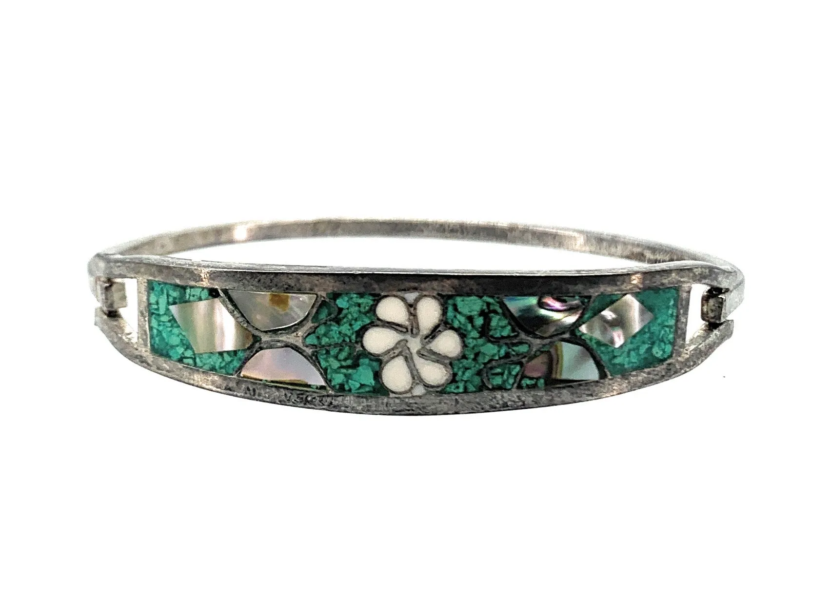 Mexico Sterling Silver, Multi-Stone Inlay Hinged Bangle Cuff Bracelet