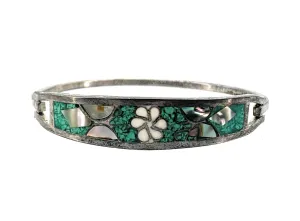 Mexico Sterling Silver, Multi-Stone Inlay Hinged Bangle Cuff Bracelet