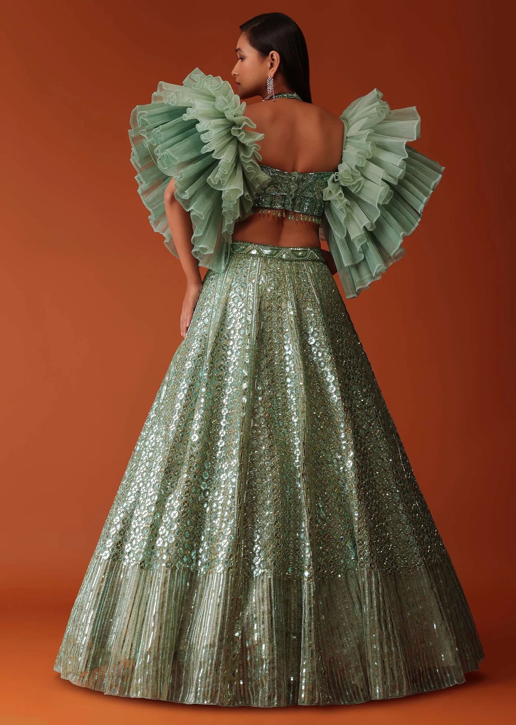 Mint Green Foil Embroidered Bridal Lehenga Set With Frilled Sleeve Blouse