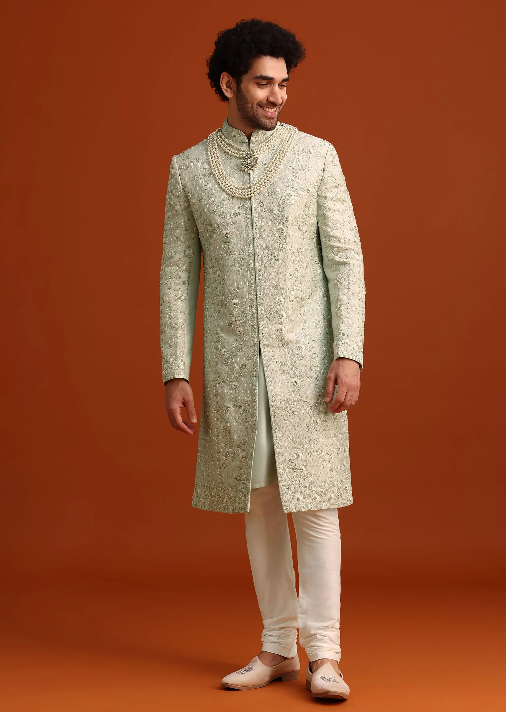 Mint Green Silk Sherwani Set With Sequin Work