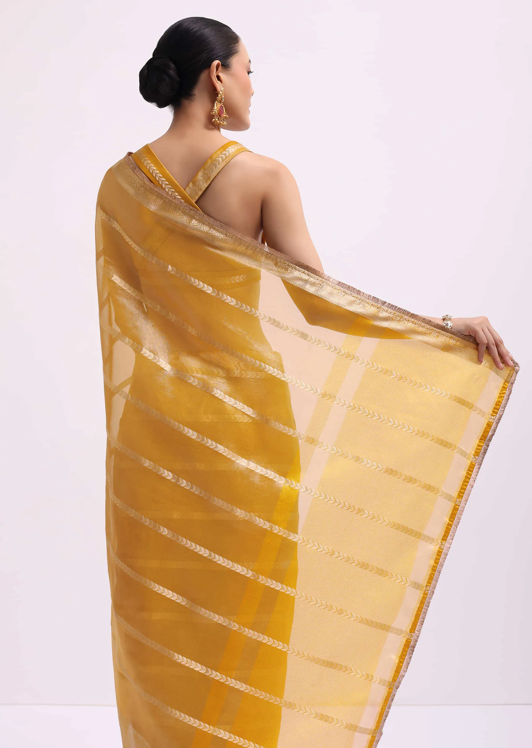 Mustard Yellow Zari Woven Chanderi Saree With Unstitched Blouse