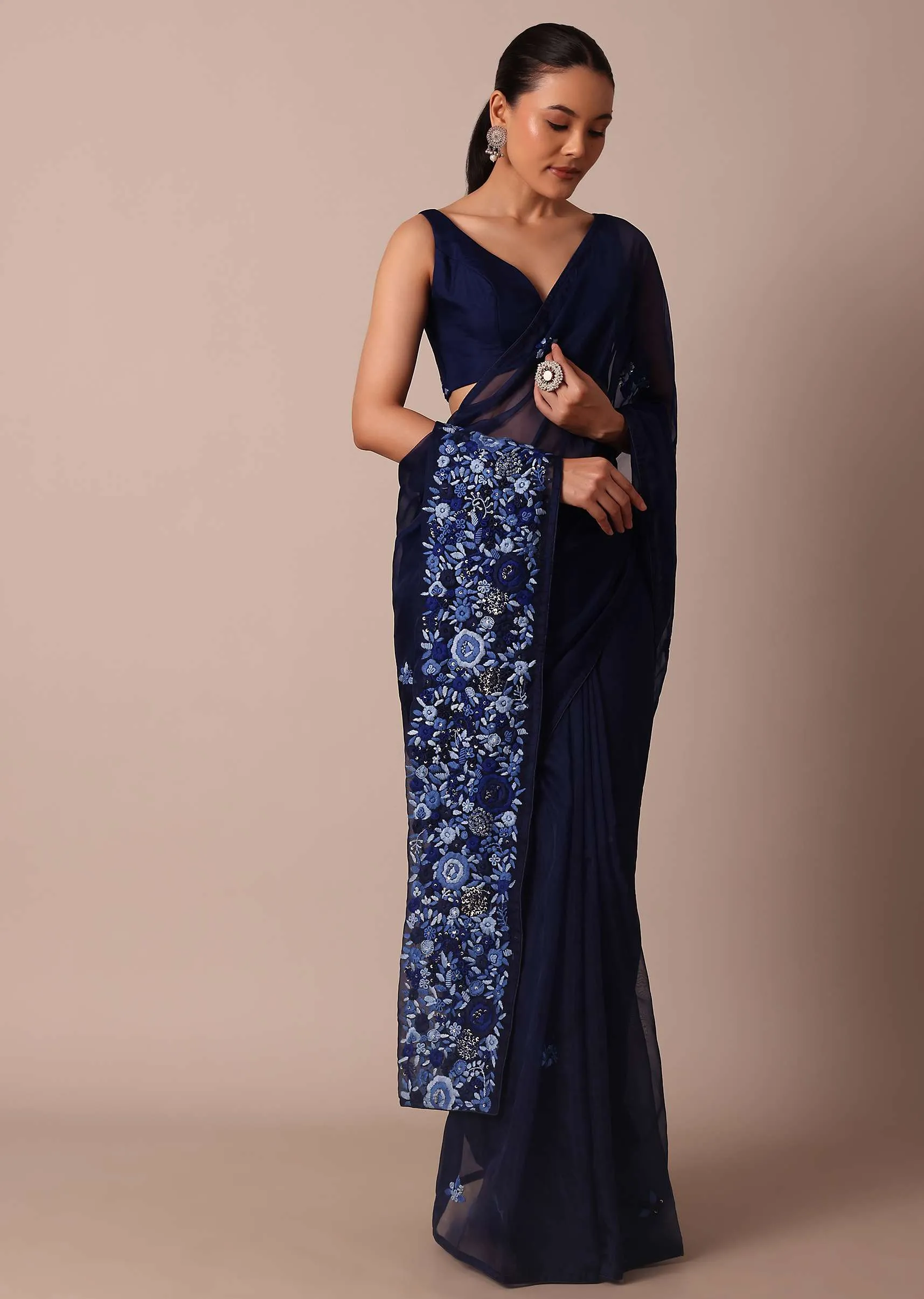 Navy Blue Organza Saree With Flower Bud Embroidery
