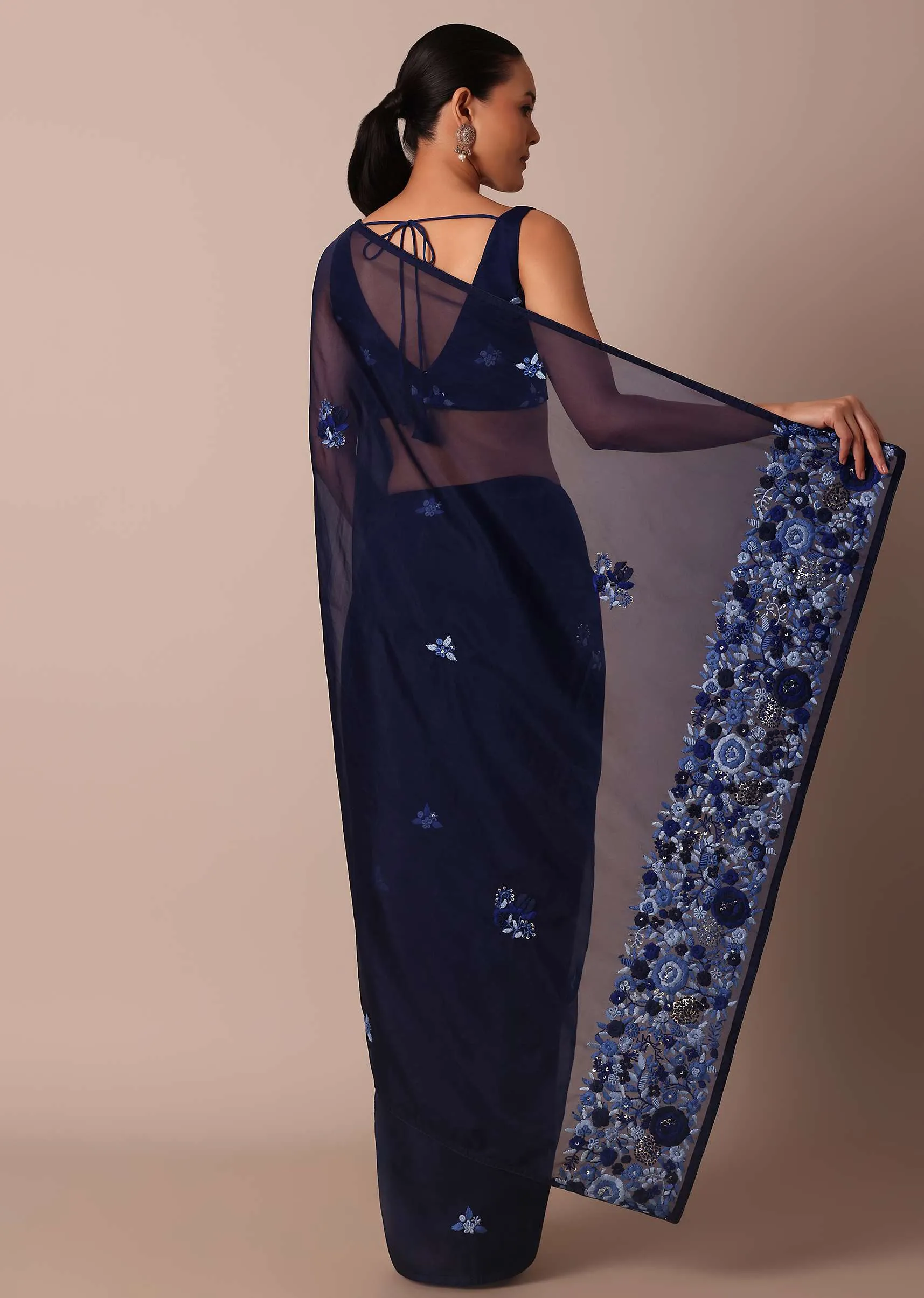 Navy Blue Organza Saree With Flower Bud Embroidery