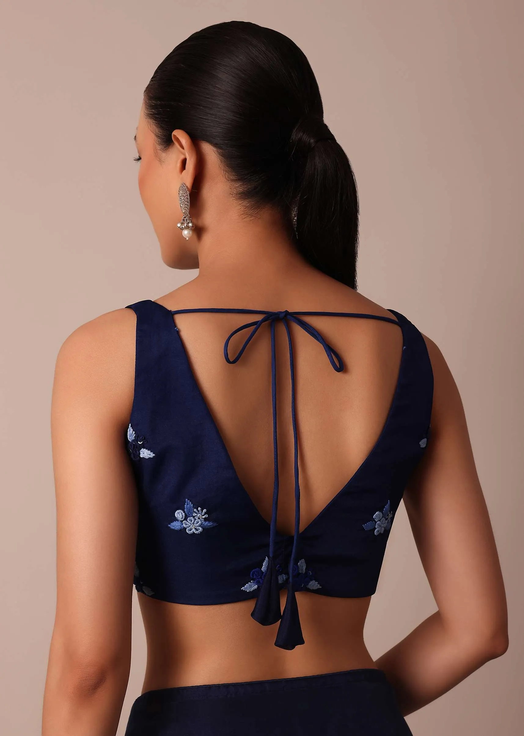Navy Blue Organza Saree With Flower Bud Embroidery