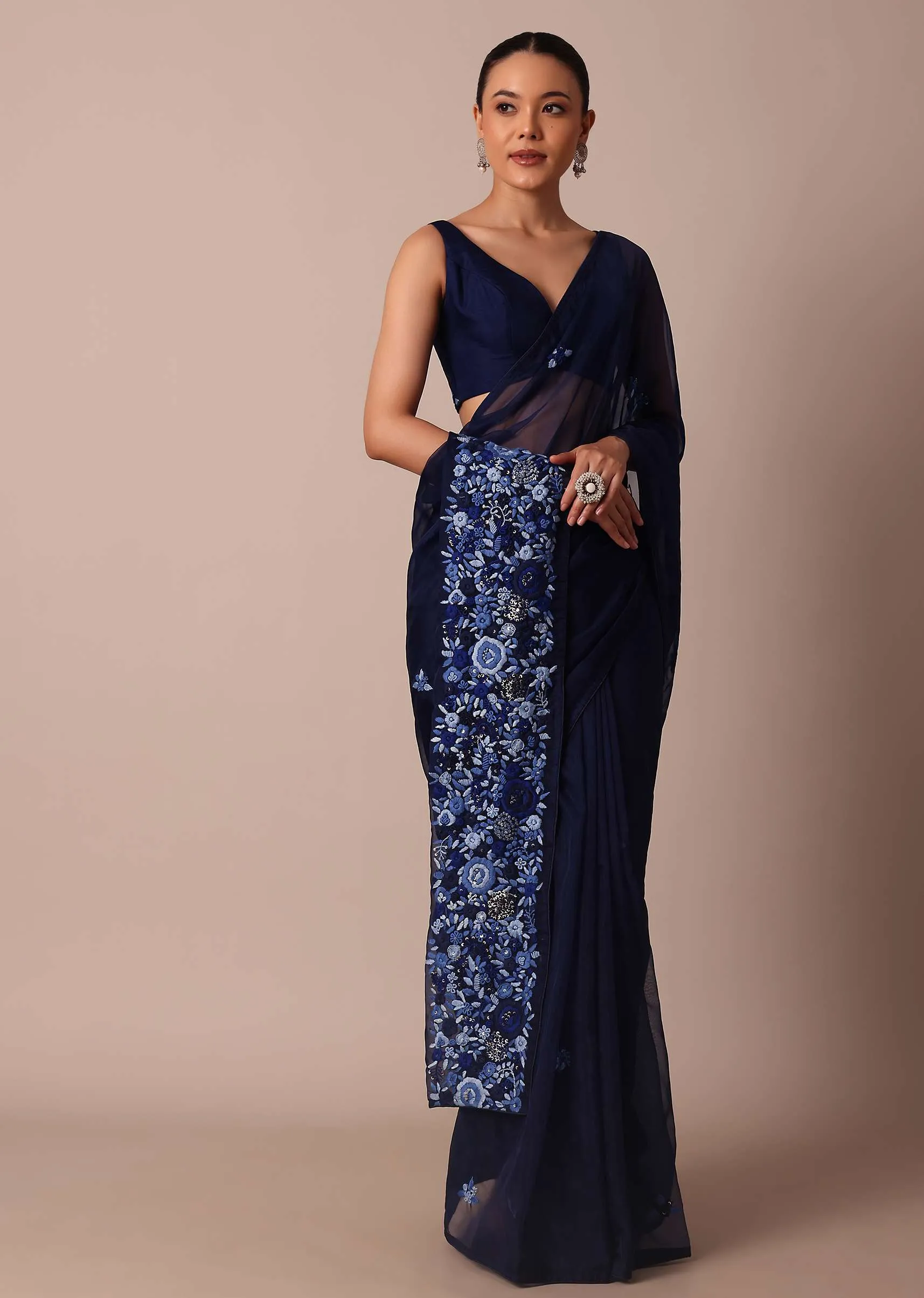 Navy Blue Organza Saree With Flower Bud Embroidery