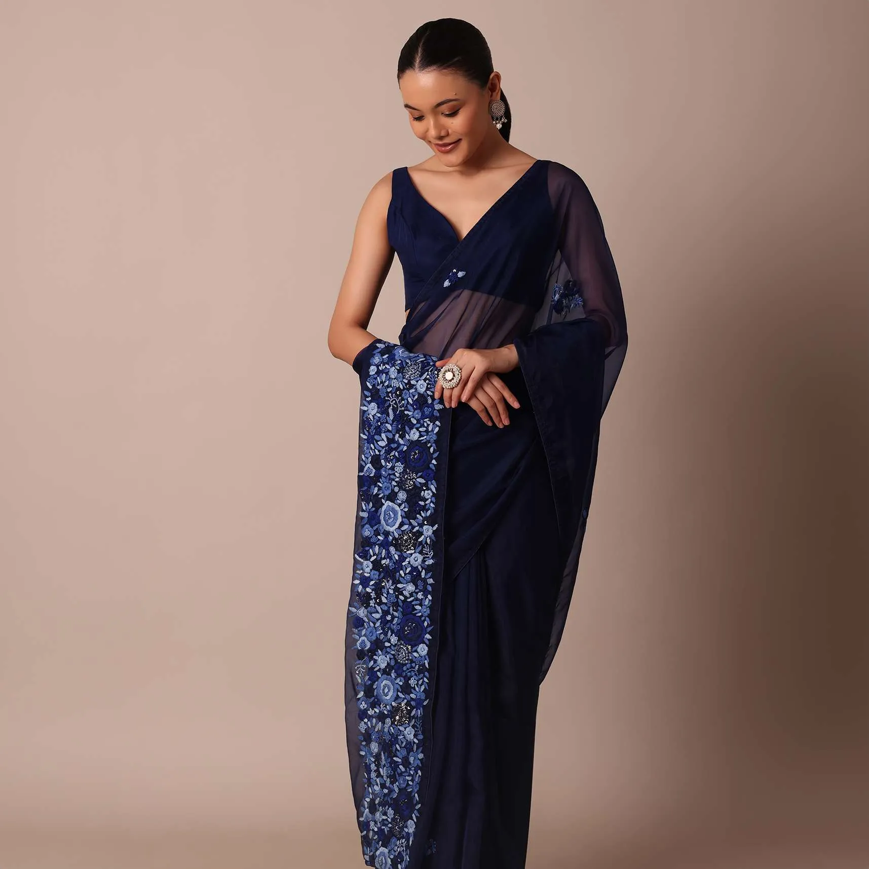 Navy Blue Organza Saree With Flower Bud Embroidery