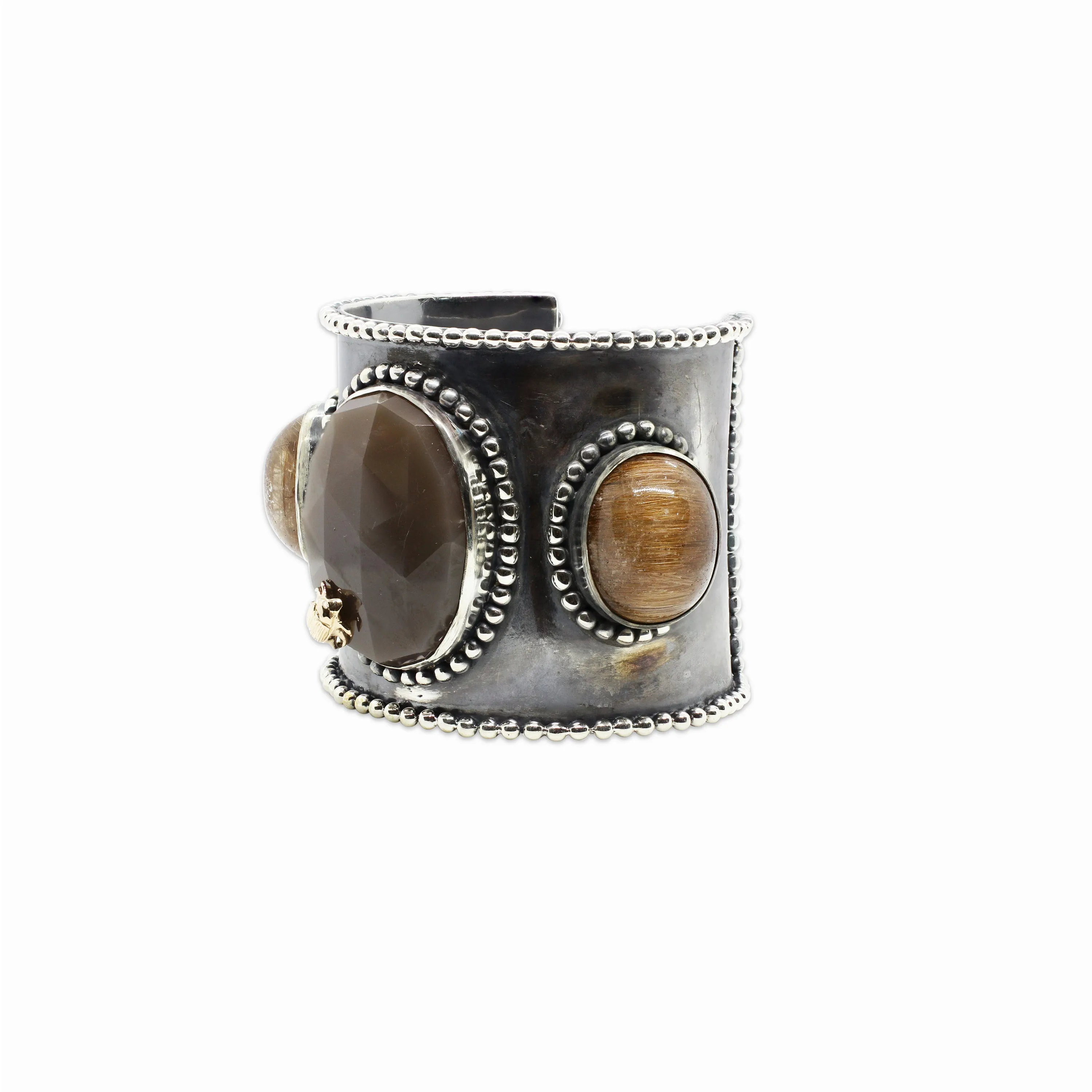 One of a Kind Moonstone Rutilated Quartz Beaded Cuff in Sterling Silver with 18K Gold Adam