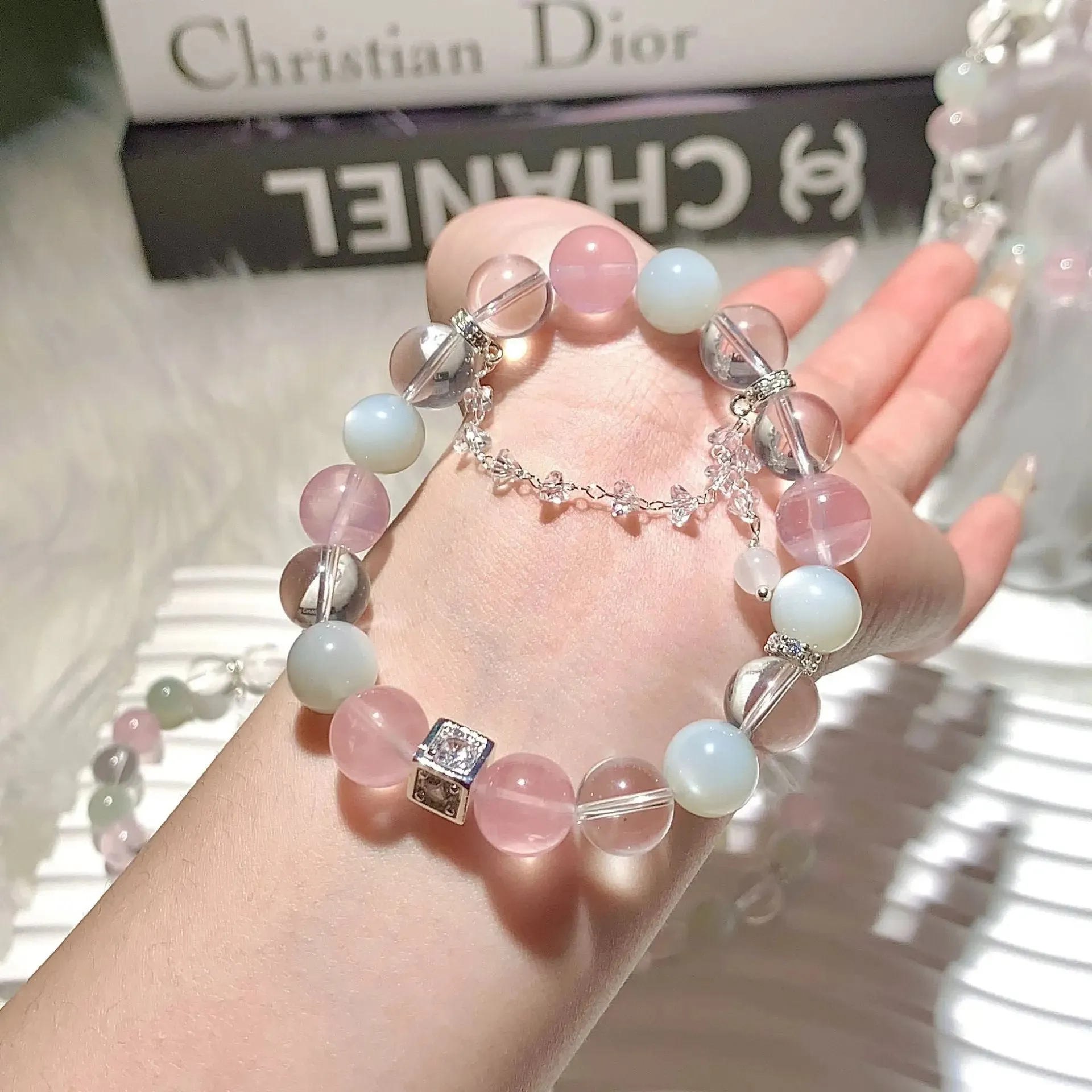 Rose & Clear Quartz Moonstone Bracelet