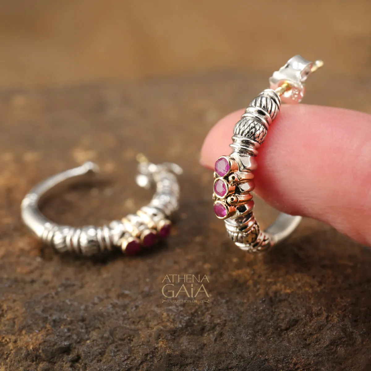 Triple Ruby Hoop Earrings