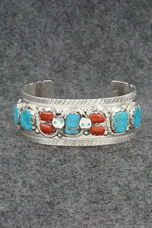 Turquoise, Coral & Sterling Silver Bracelet - Joy Calavaza