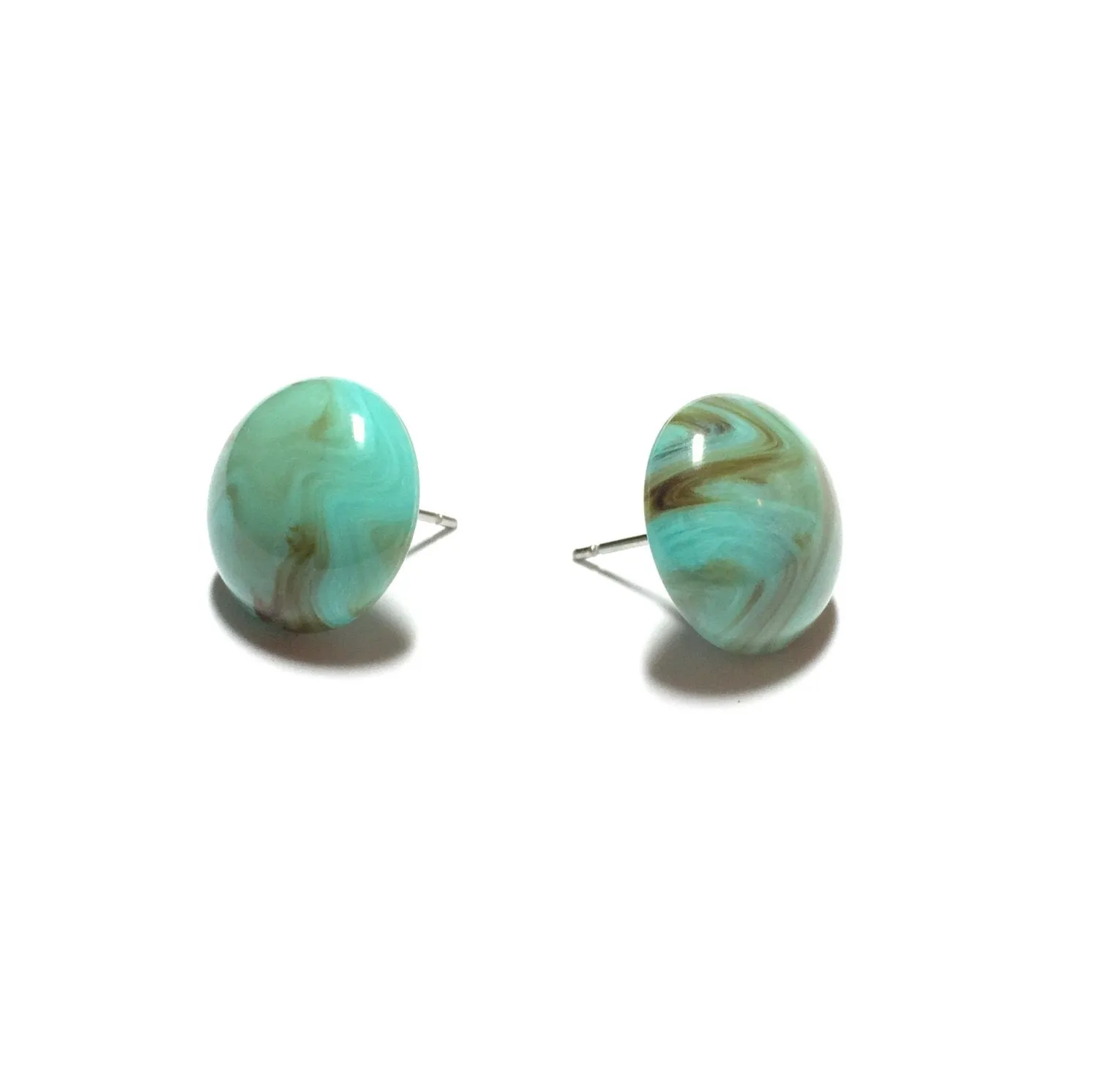Turquoise Marbled Retro Button Stud Earrings - 14mm