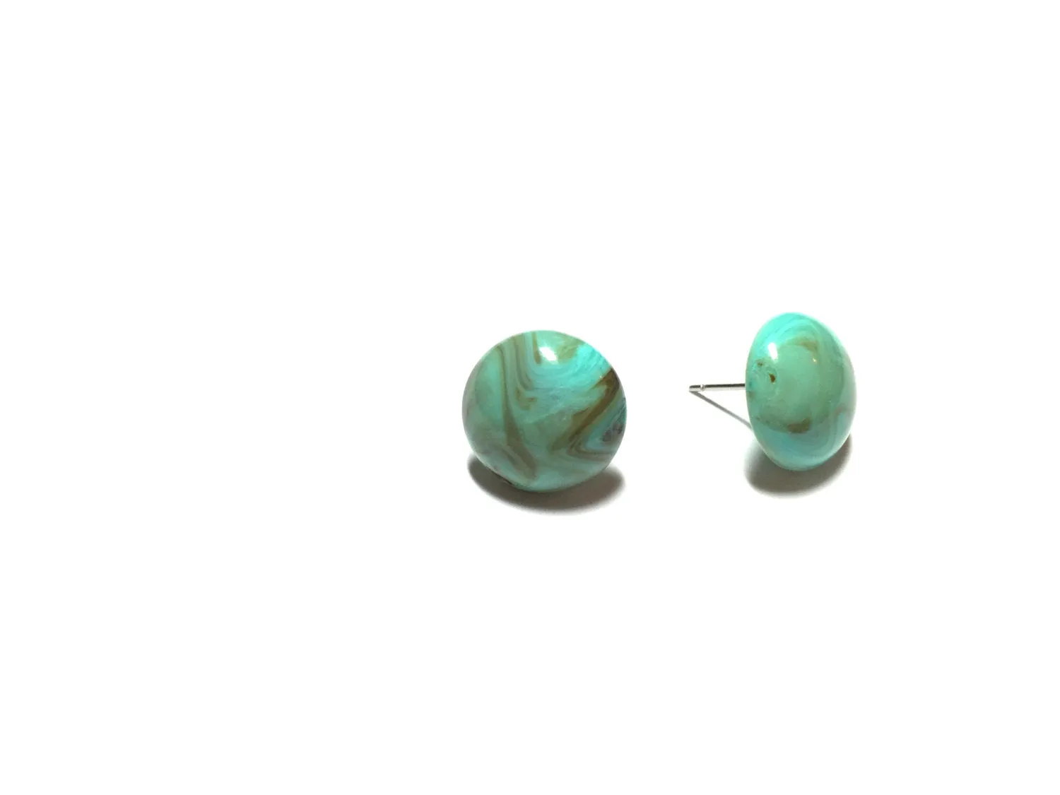 Turquoise Marbled Retro Button Stud Earrings - 14mm
