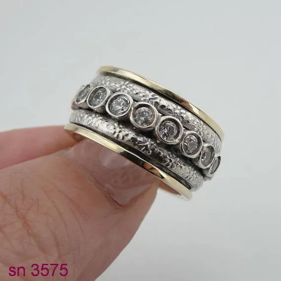 Two Gold & Silver Ring and in Center Studded Zircons Swivel Ring
