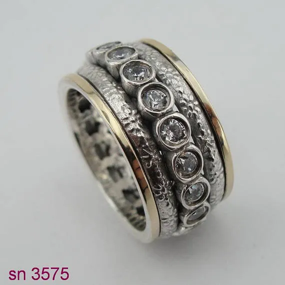 Two Gold & Silver Ring and in Center Studded Zircons Swivel Ring