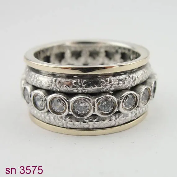 Two Gold & Silver Ring and in Center Studded Zircons Swivel Ring