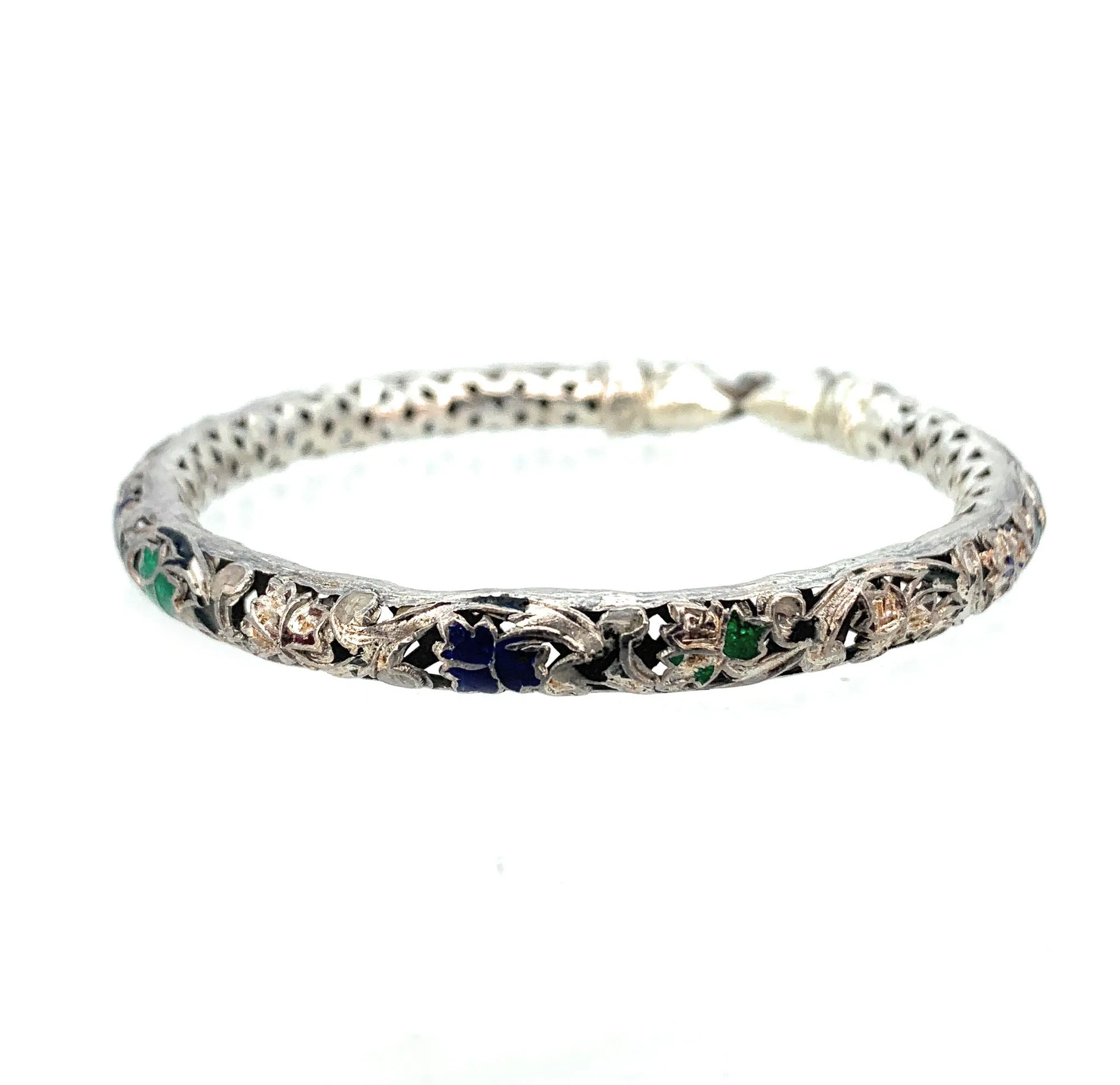 Vintage Thai Sterling Silver & Enamel 'KISSING DRAGONS' Bangle Bracelet
