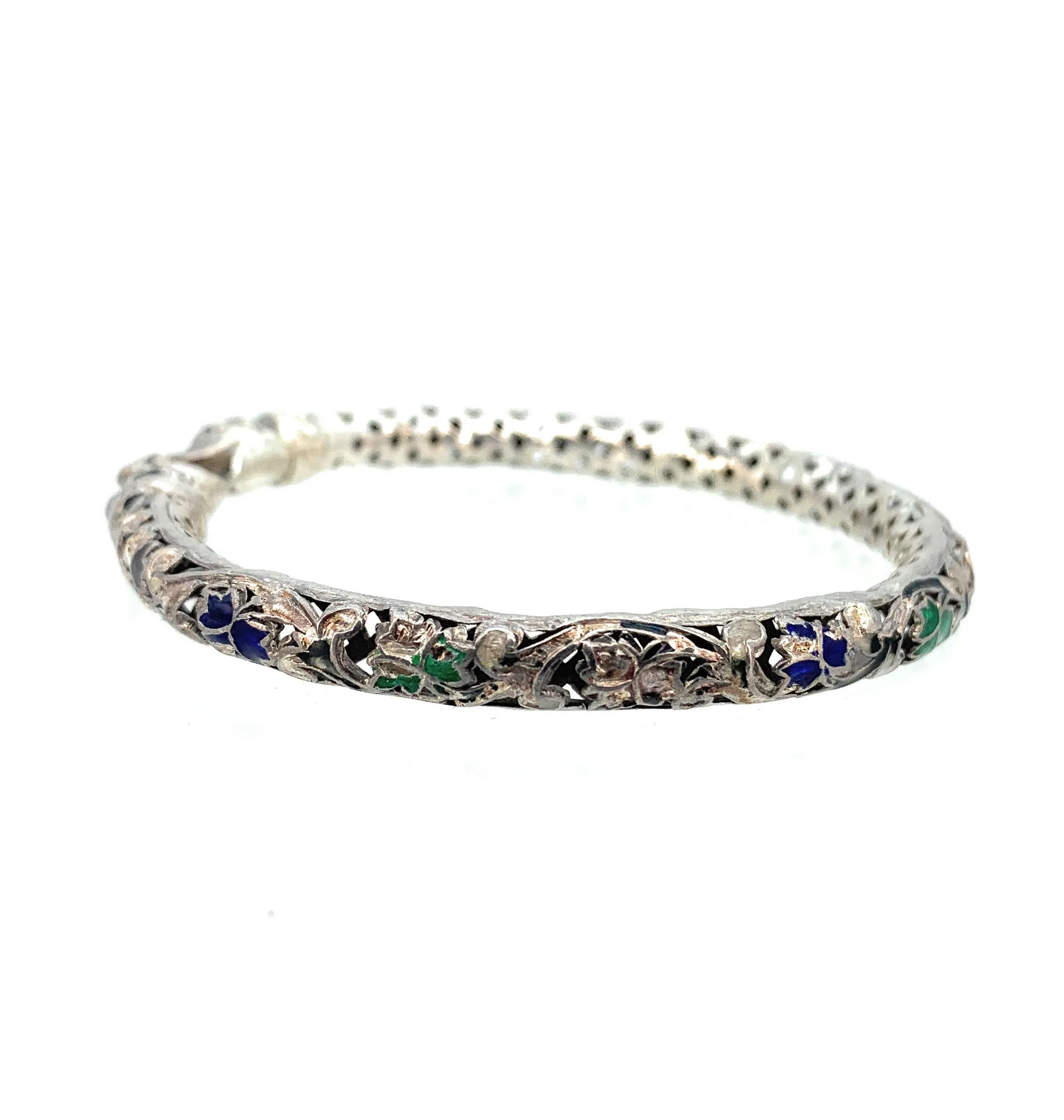Vintage Thai Sterling Silver & Enamel 'KISSING DRAGONS' Bangle Bracelet