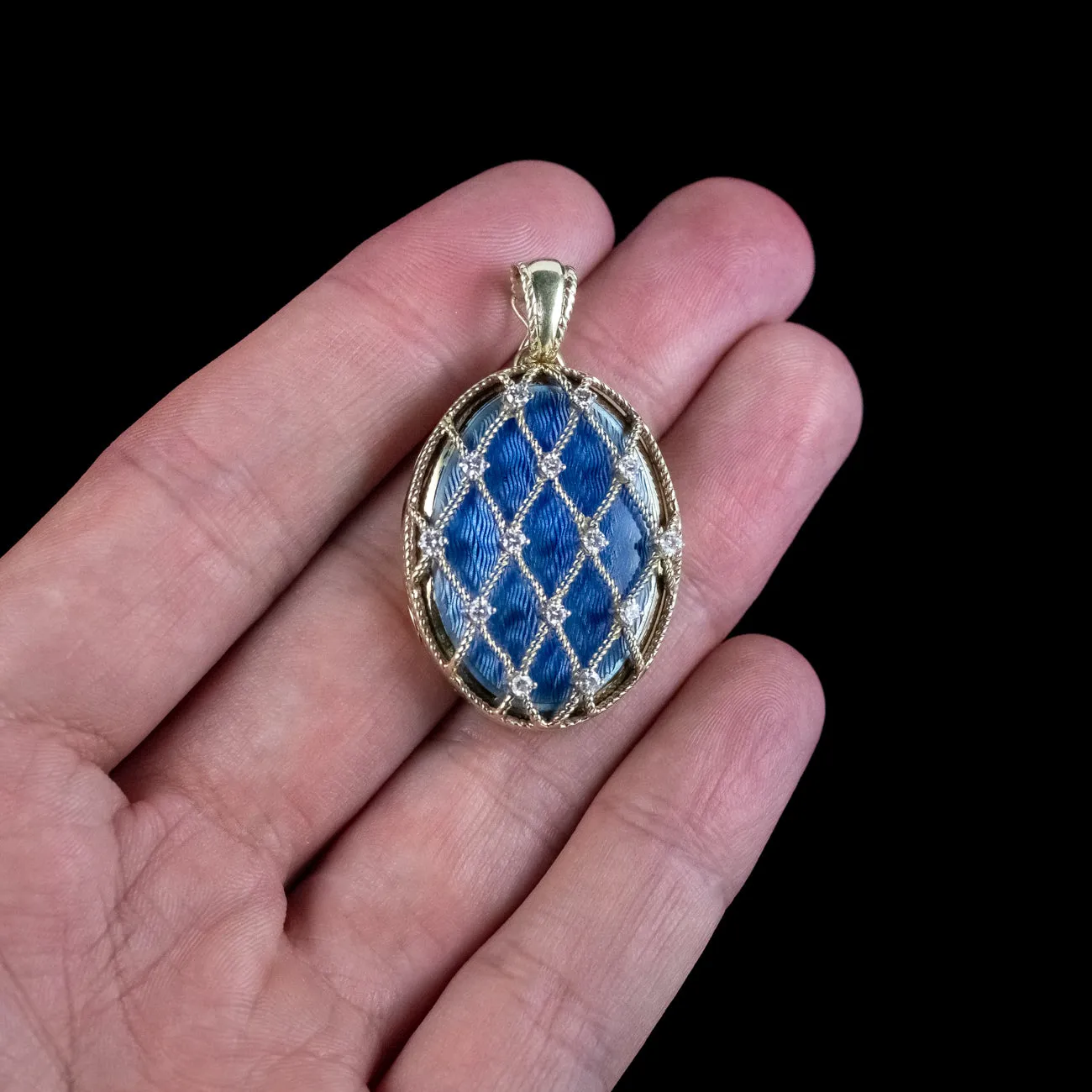 Vintage Victor Mayer Blue Guilloche Enamel Diamond Locket 14ct Gold