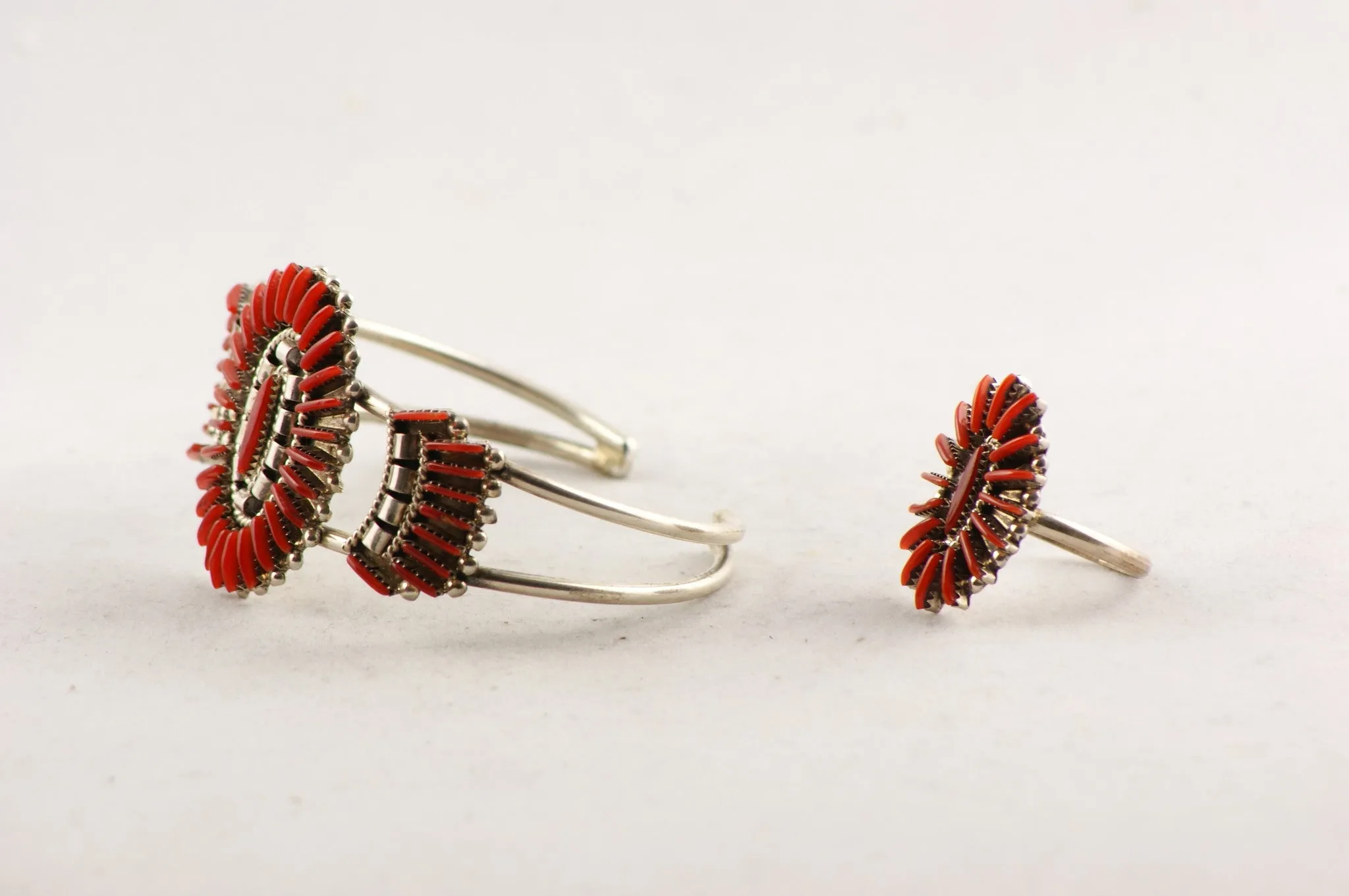 Zuni Needlepoint Red Coral Bracelet and Ring Set by Edmond Cooeyate