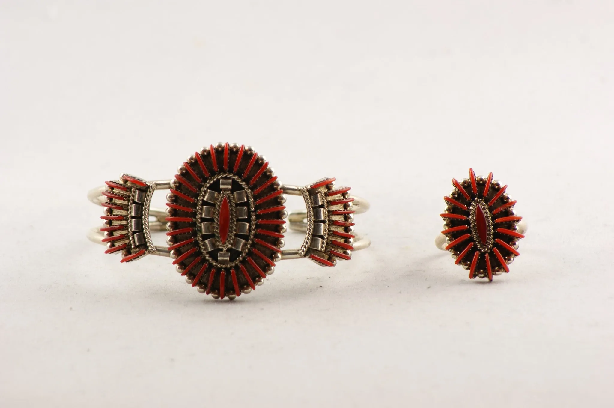Zuni Needlepoint Red Coral Bracelet and Ring Set by Edmond Cooeyate