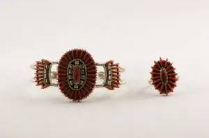Zuni Needlepoint Red Coral Bracelet and Ring Set by Edmond Cooeyate